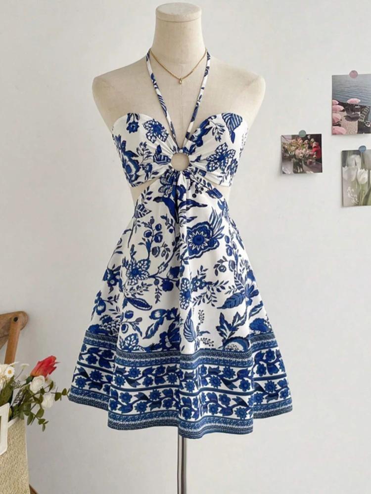 Robe romantique à imprimé Floral pour femmes, col licou, Sexy, à la mode, facile à créer, paresseux,