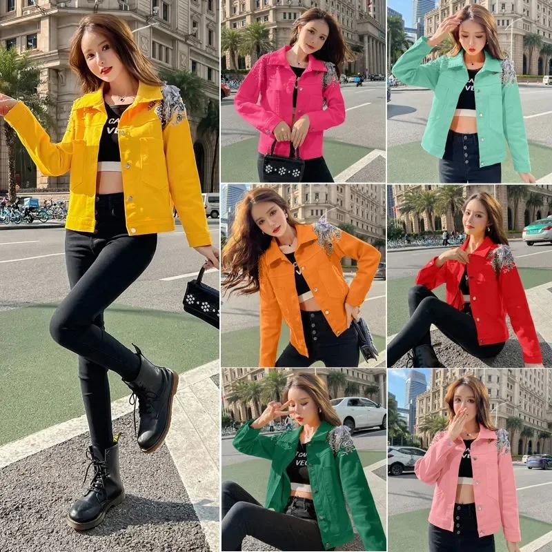 Veste Courte en Denim pour Femme, Couleurs Bonbons, Manteau en Jean avec Rivets Appliqués, pour Étud
