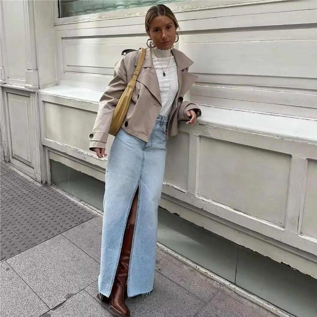 Jupe longue en jean à taille haute pour femmes, mode coréenne, été, vêtements vintage, denim, noir,