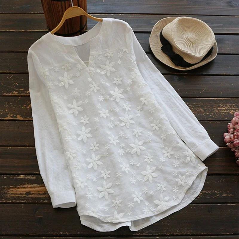 Chemisier en coton et lin brodé pour femmes, décontracté, mode, ample, blanc, chemise élégante, gran