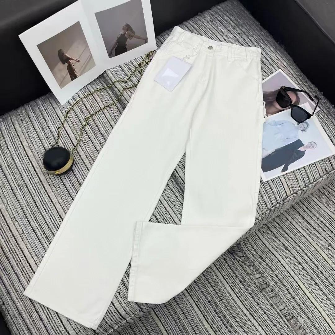 Jean en coton blanc décontracté taille haute coupe droite avec poches pour femme, nouvelle collectio