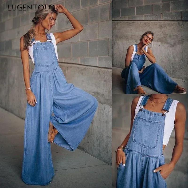 Salopette en Denim pour Femme, Salopette à Jambes Larges, avec Poches, Taille Haute, Mode de Rue, Br