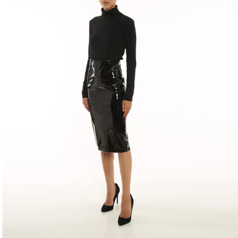 Jupe crayon en Faux Latex pour femme, taille haute, moulante, ourlet fendu, bureau, brillant, en cui
