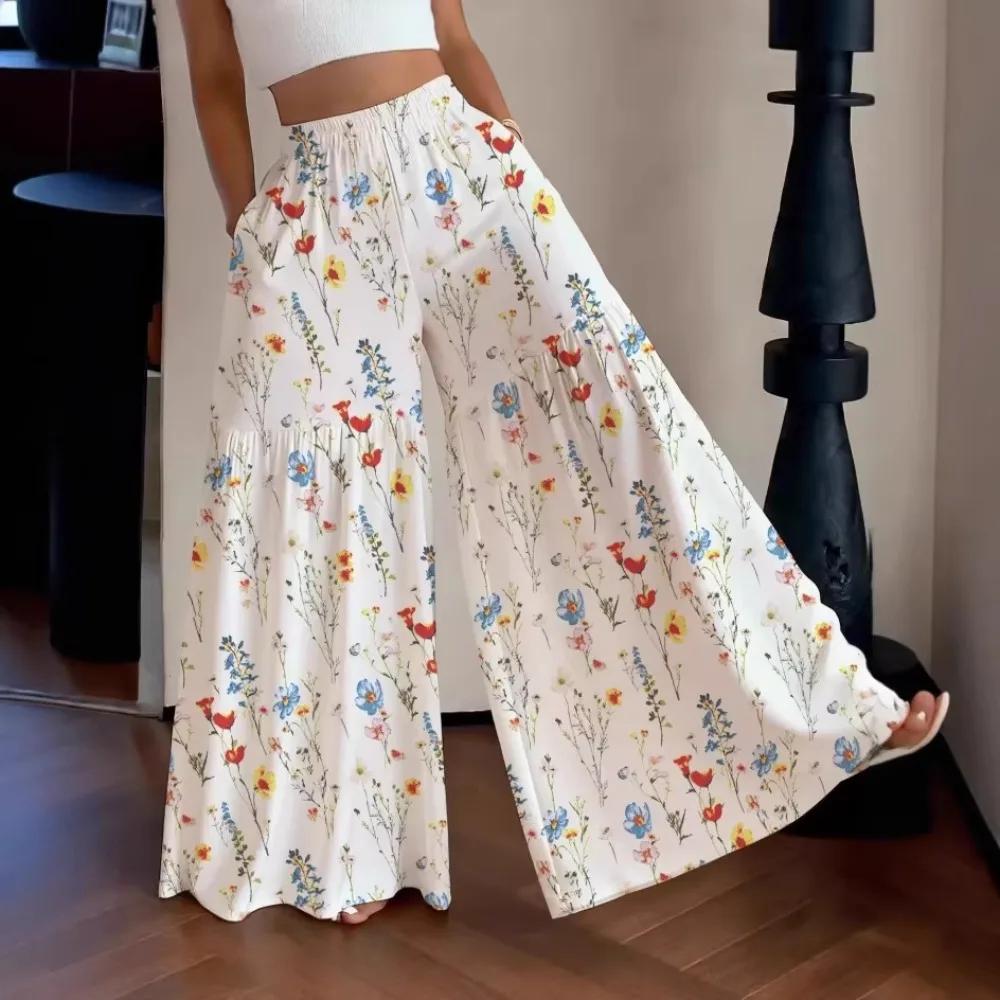Pantalon large floral 2026 pour femme, taille haute, ample, en mousseline, style Y2K, fluide, bohème, coupe droite, streetwear