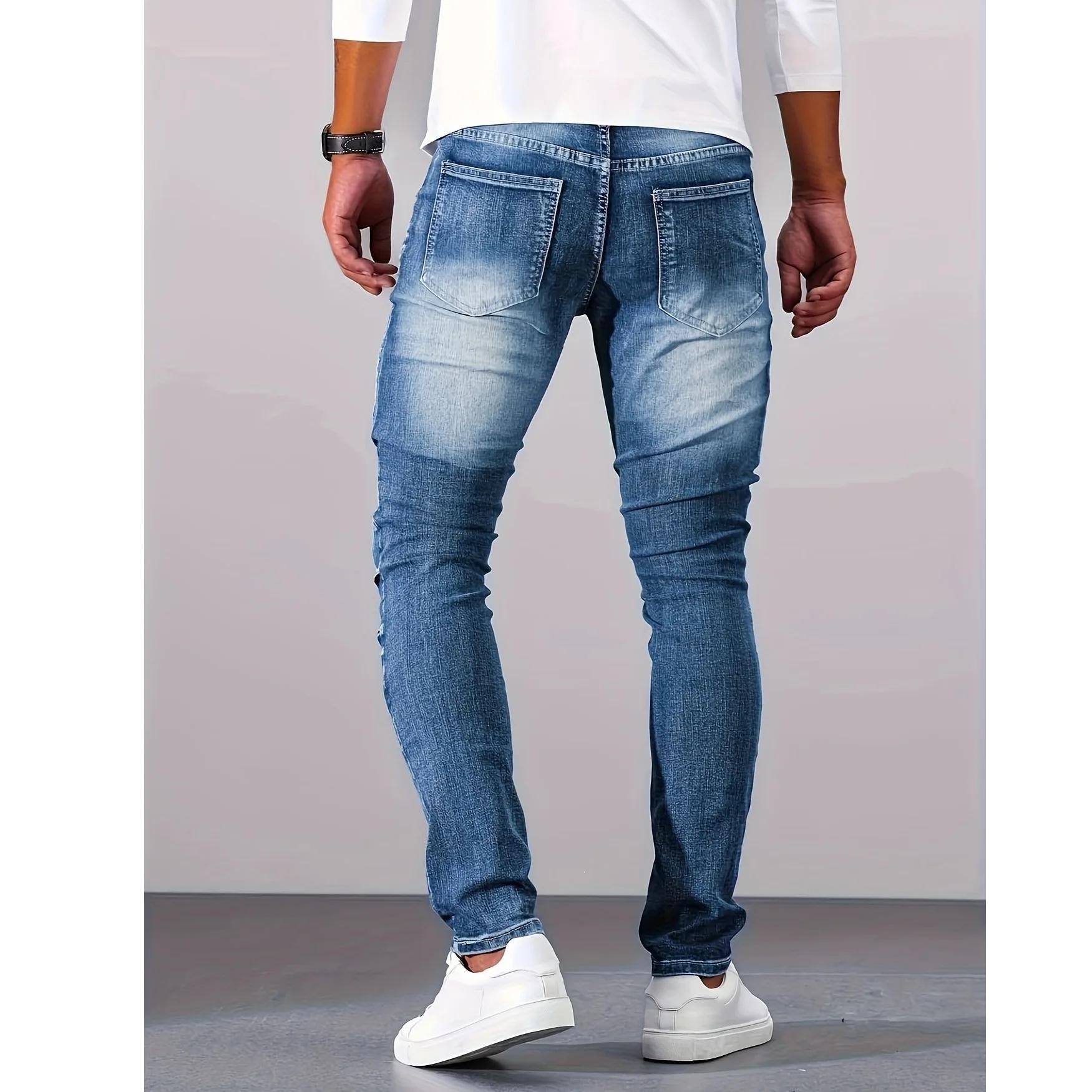 Jean slim élastique en denim pour homme, coupe droite, style jeune, mélange de coton, lavage vintage, toutes saisons