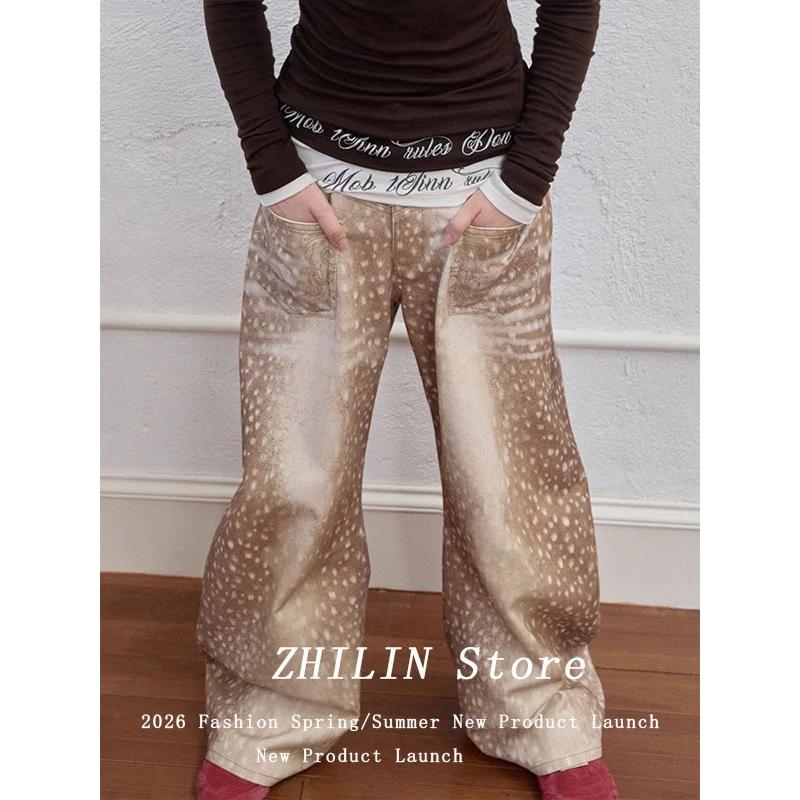 Pantalon en jean imprimé motif cerf, style américain, pour femme, sexy, rétro, avec coutures colorées, longueur au sol, coupe couteau