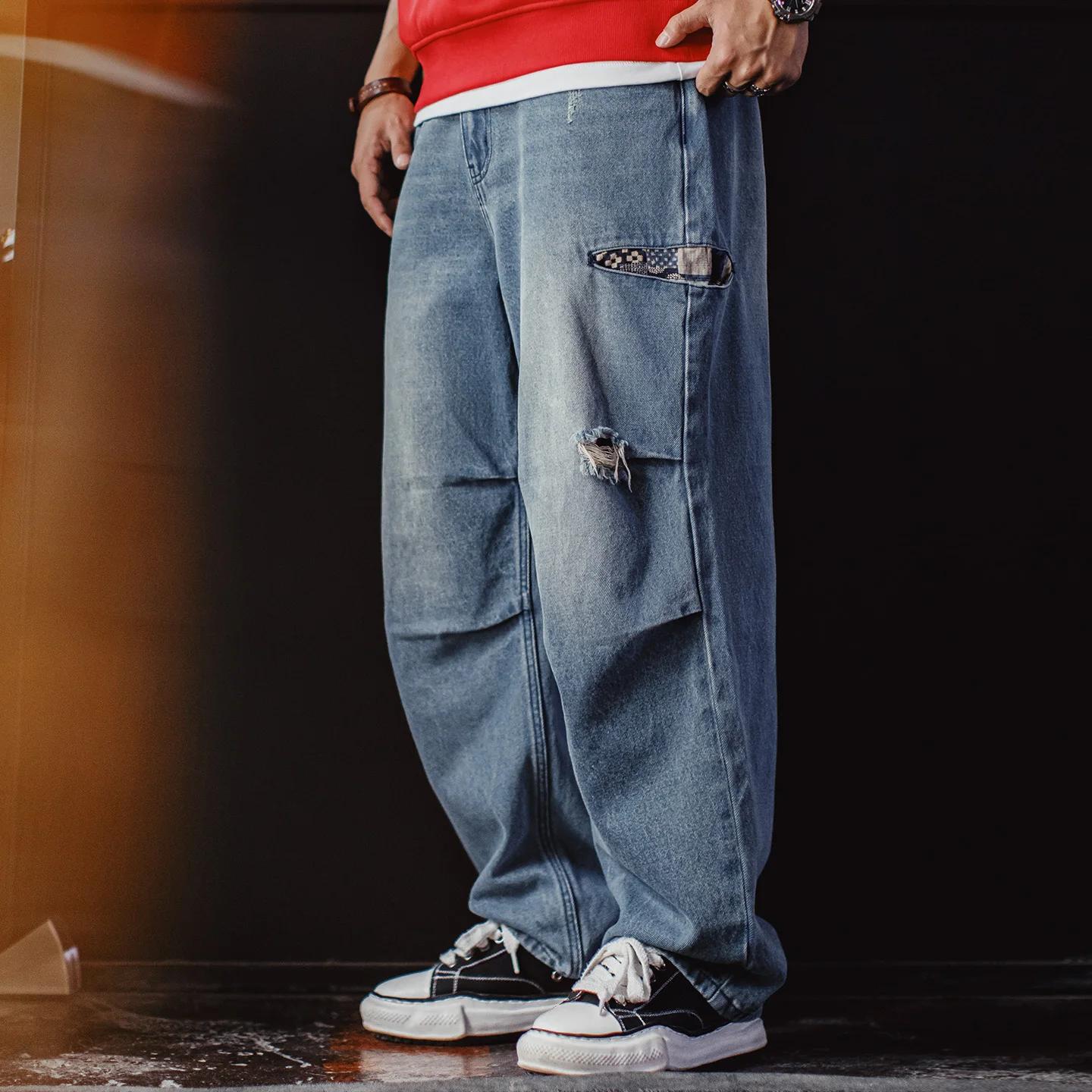 Jean Maden pour homme, style vintage Boro patchwork, coupe parachute, déchiré et vieilli, jambe large, en denim épais, décontracté