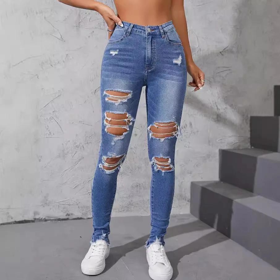 Jean slim déchiré délavé pour femmes, nouvelle mode de rue, taille haute, pantalon décontracté à petites jambes, pantalon crayon, printemps et automne