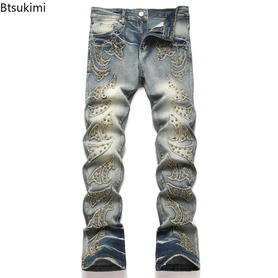 Nouveau Jean Slim Boot Cut en Denim pour Homme 2026 – Pantalon Extensible Bleu avec Rivets et Patchs Style Punk, Coupe Évasée, Tendance Streetwear