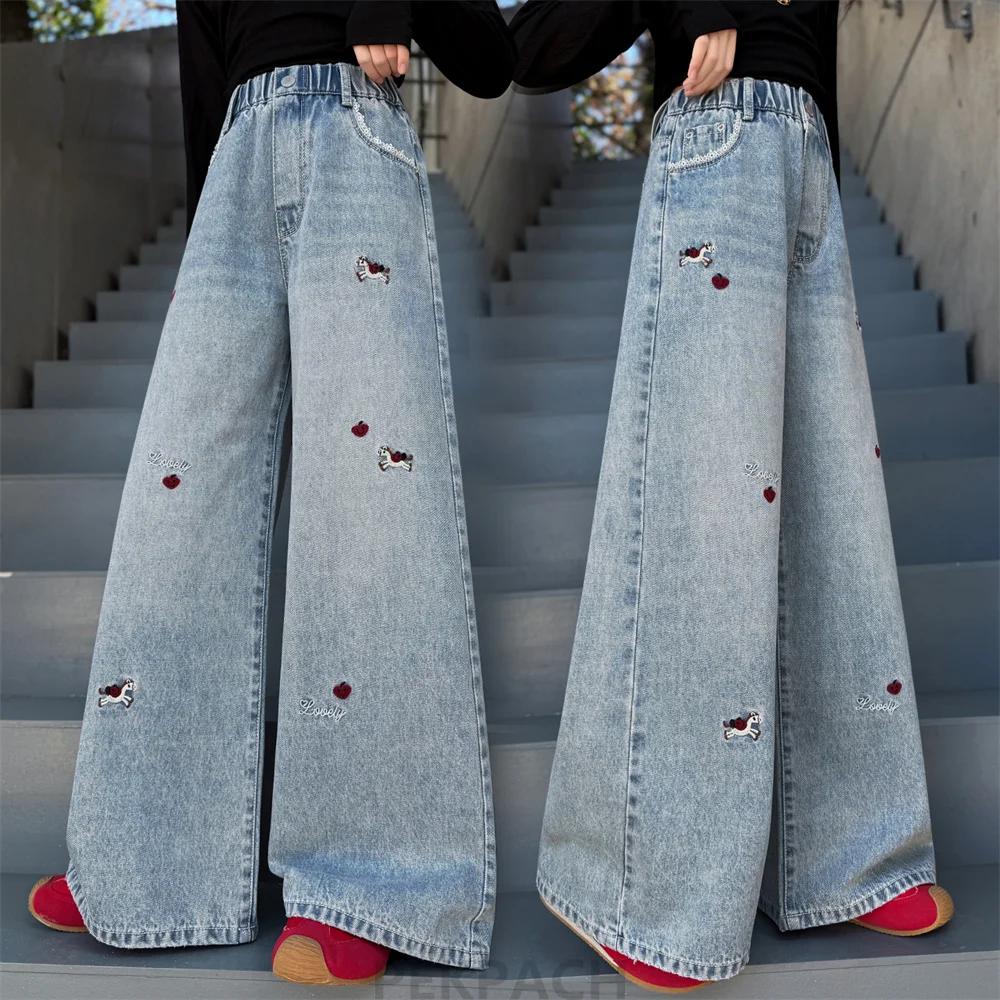 Nouveau Jean Brodé Bleu Décontracté à Jambes Larges pour Enfants Filles, Collection Printemps-Automne 2026, Pantalon en Denim Tendance pour Filles de 5 à 14 Ans