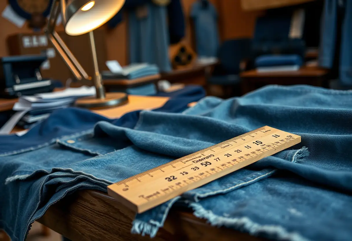 Un vieux règle posée sur un bureau avec des échantillons de denim bleu dans un studio de conception