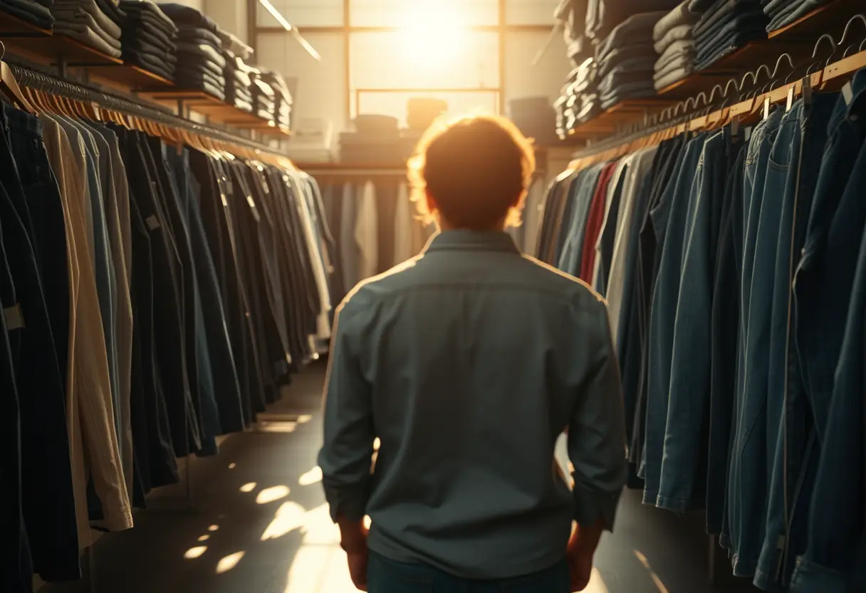 Silhouette d'une personne dans un magasin de vêtements vintage rempli de jeans