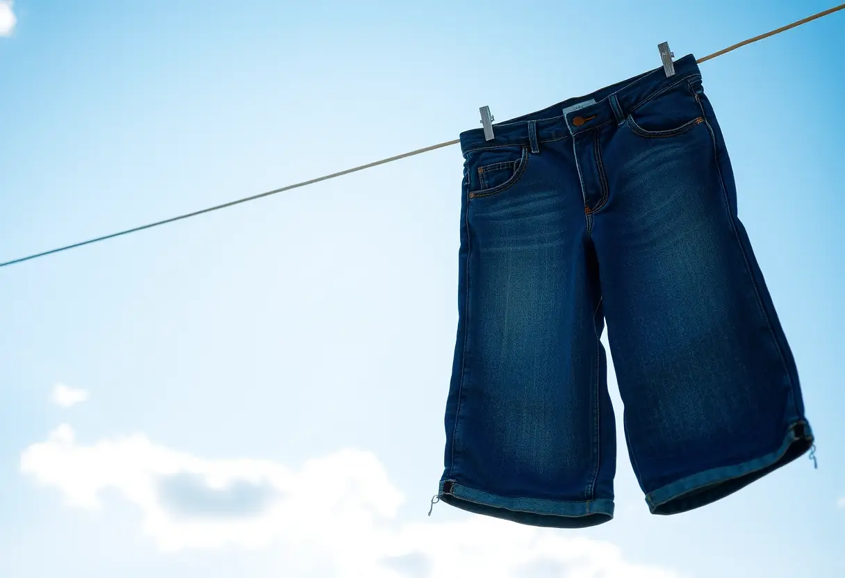Jeans suspendus à une corde à linge sous un ciel bleu clair