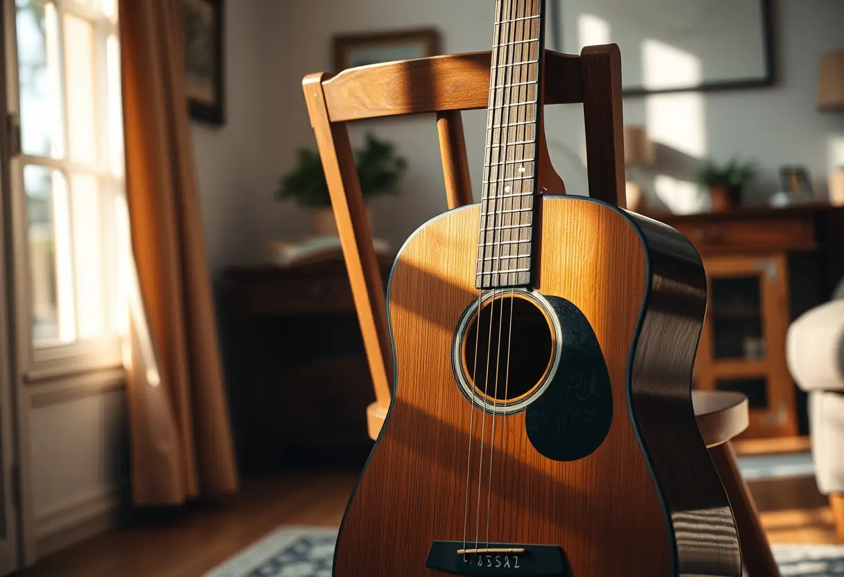Une guitare acoustique posée contre une chaise en bois dans un salon accueillant