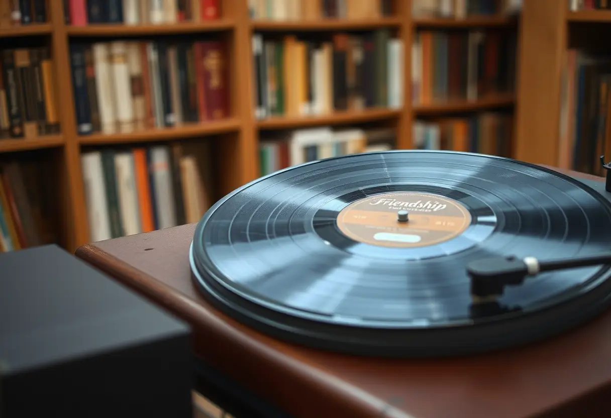 Un vieux lecteur de vinyle dans une bibliothèque familiale