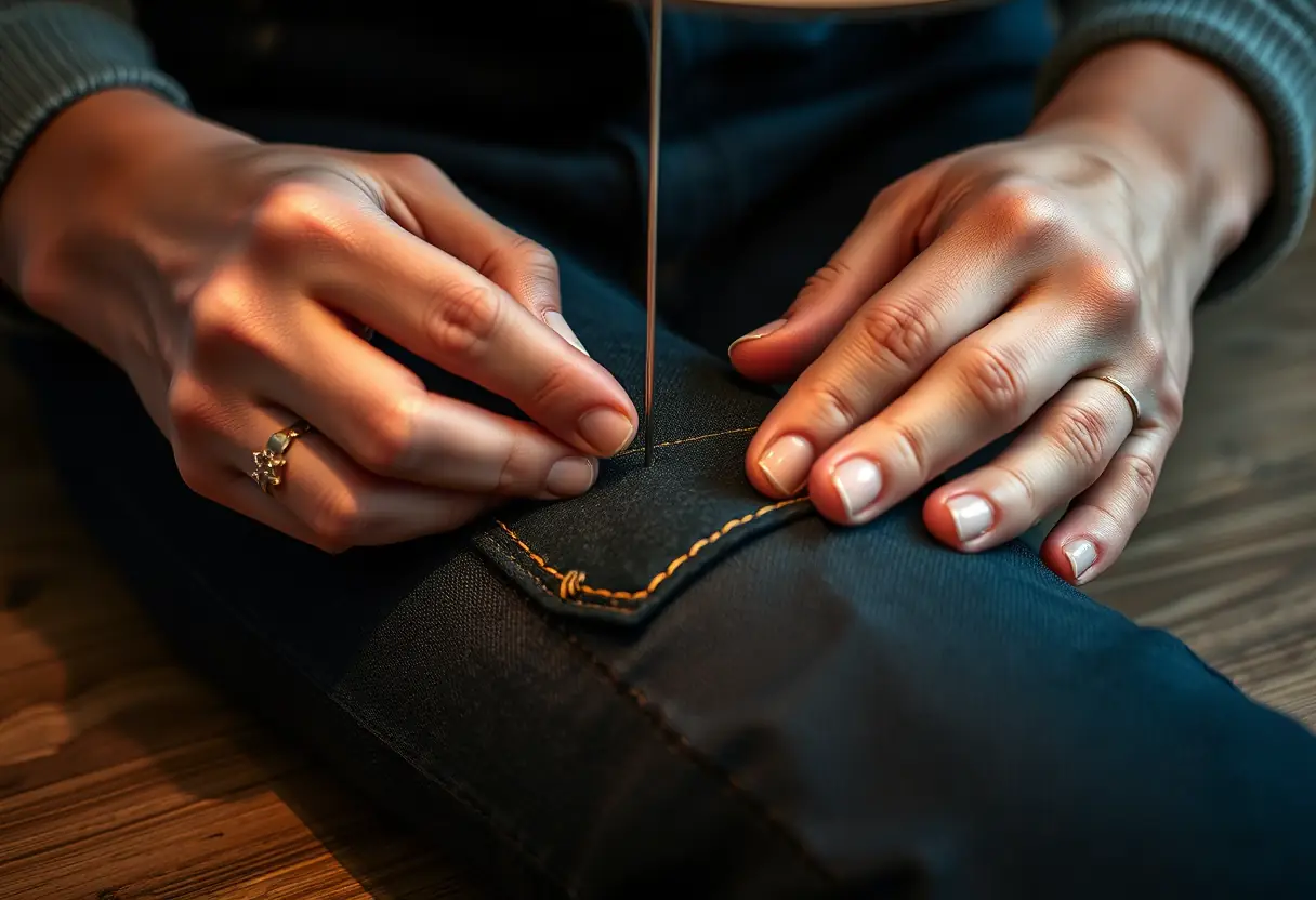 Des mains travaillent à coudre un empiècement sur un pantalon en jean bleu foncé, sous la lumière d'une lampe de bureau