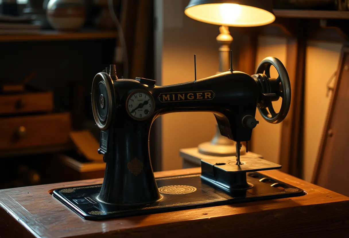 Une machine à coudre ancienne dans un coin de l'atelier illuminé par une lampe vintage