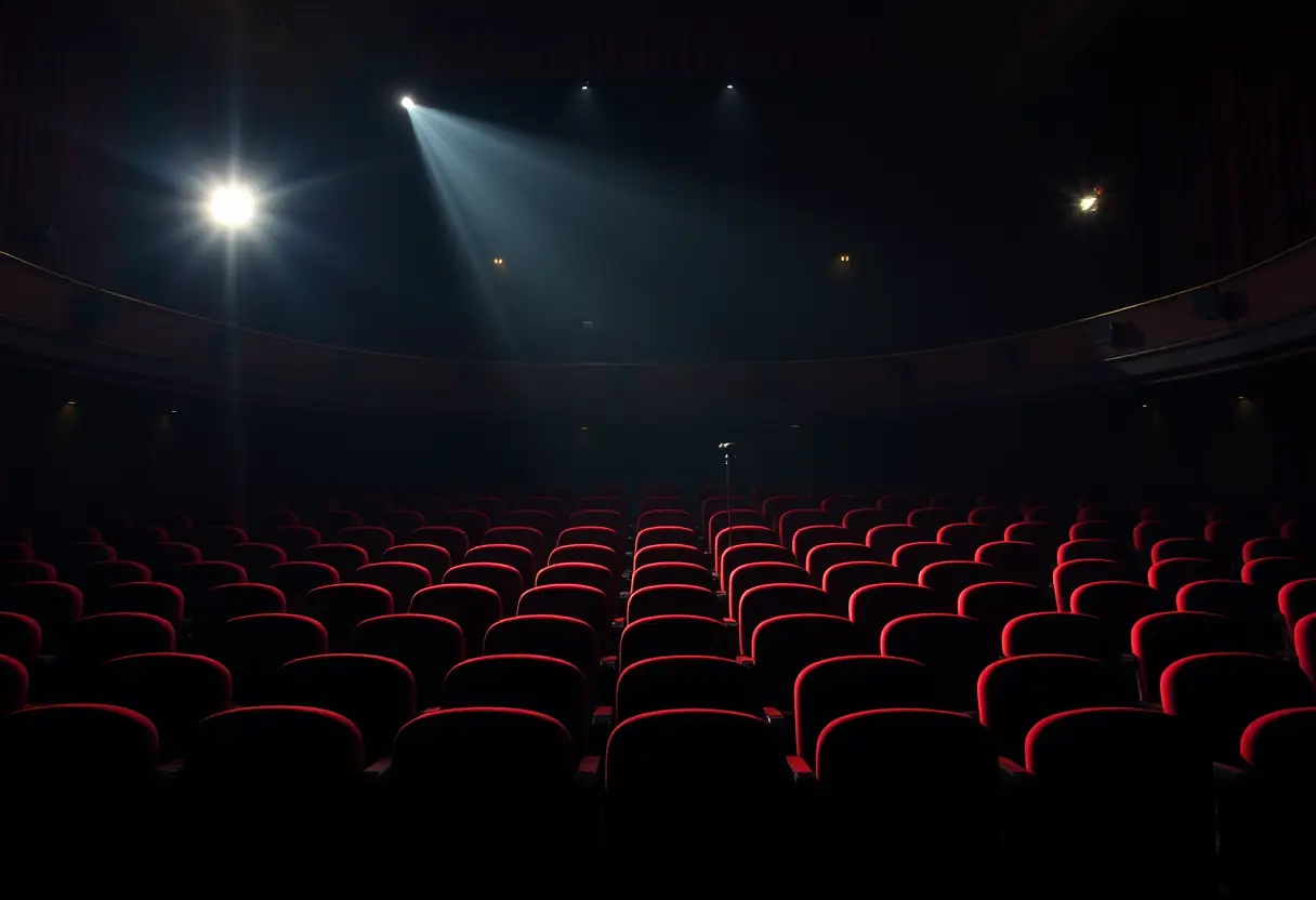 Une scène de théâtre avec un micro silencieux, éclairée par un projecteur