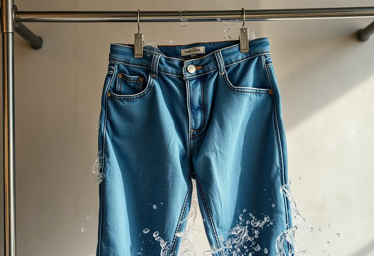 Un jean suspendu pendant le lavage à froid pour obtenir un aspect vintage