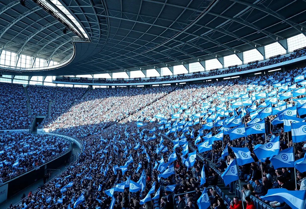 Un stade rempli de spectateurs, les tribunes couvertes de drapeaux bleus et blancs