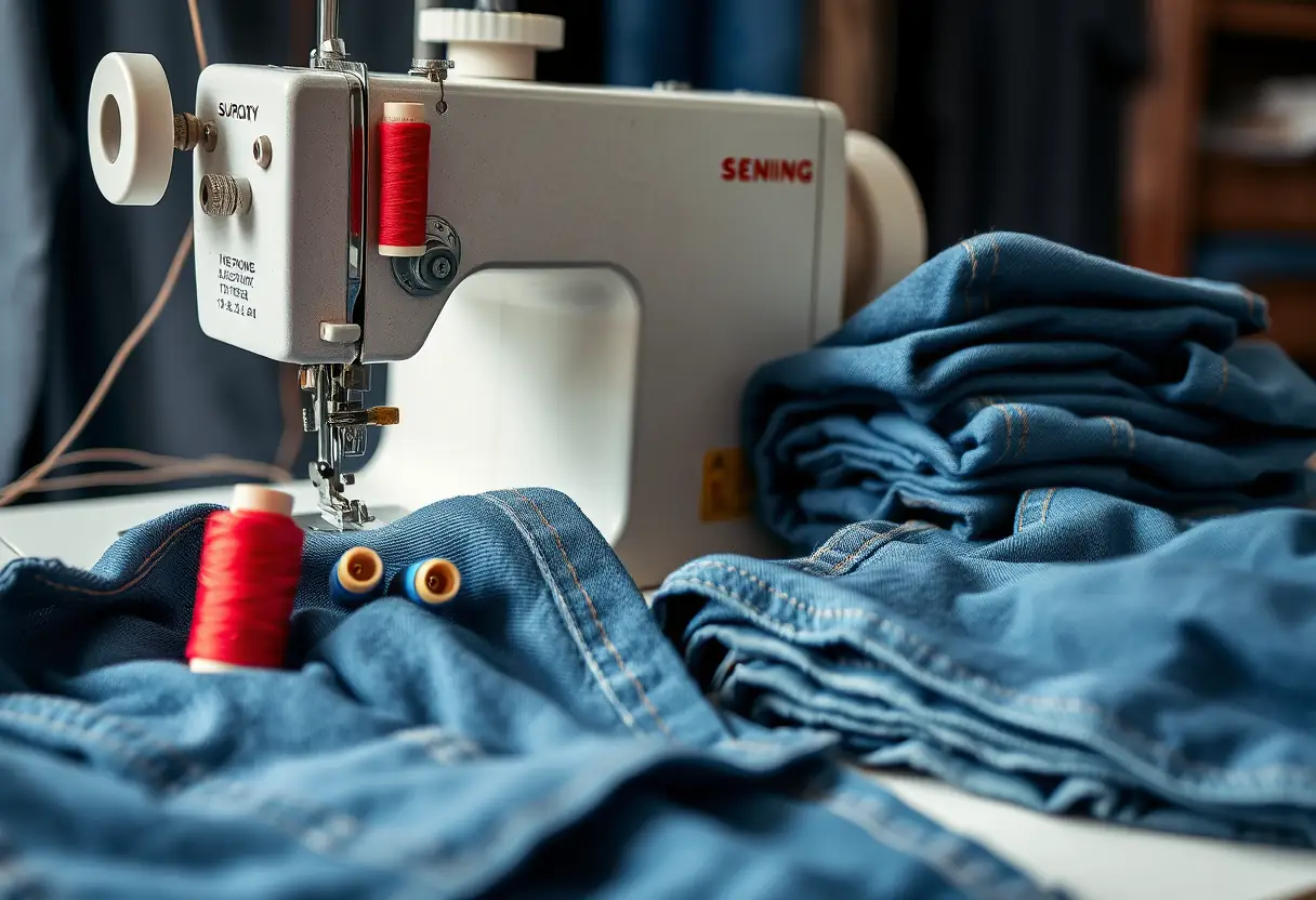 Machine à coudre avec fils colorés près d'un tas de denim de haute qualité