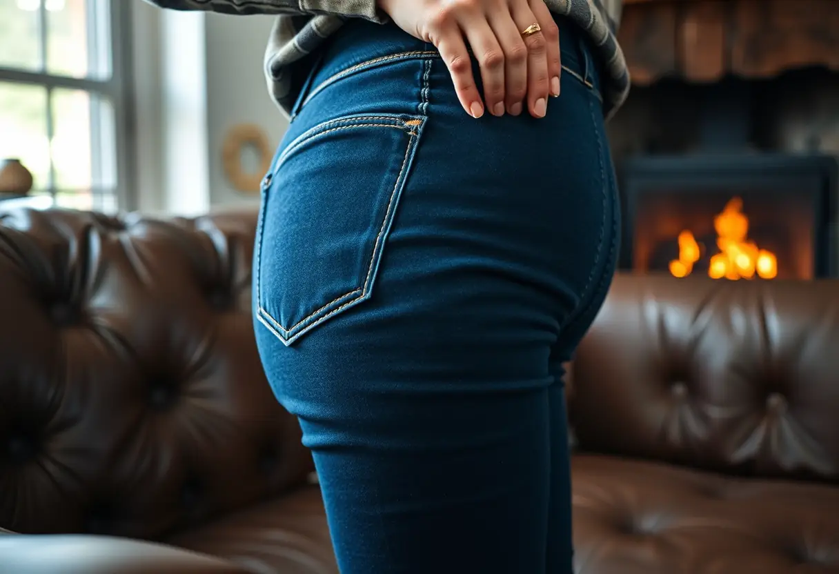 Une main féminine repasse une ride sur un jean bleu foncé sur un canapé en cuir dans un salon accueillant