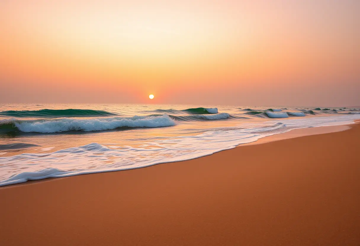 Vue panoramique d'une plage de sable fin au coucher du soleil avec des couleurs orangées et rosées